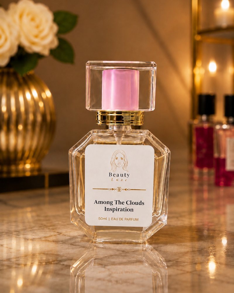 Beauty Luxe Among The Clouds Inspiration 50ml eau de parfum in a faceted glass bottle with a pink crystal cap.