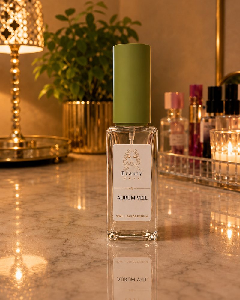Beauty Luxe Aurum Veil 30ml eau de parfum in a slim glass bottle with a sage green cap.