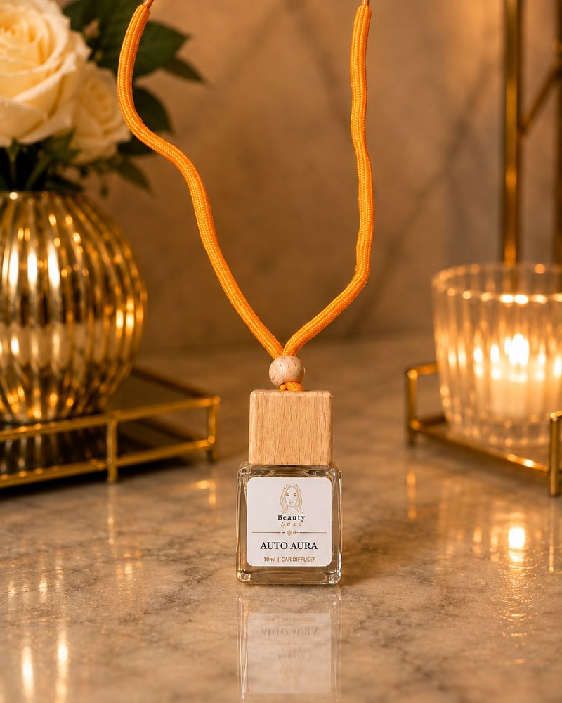 Beauty Luxe Auto Aura 10ml car diffuser with a wooden cap and orange cord.