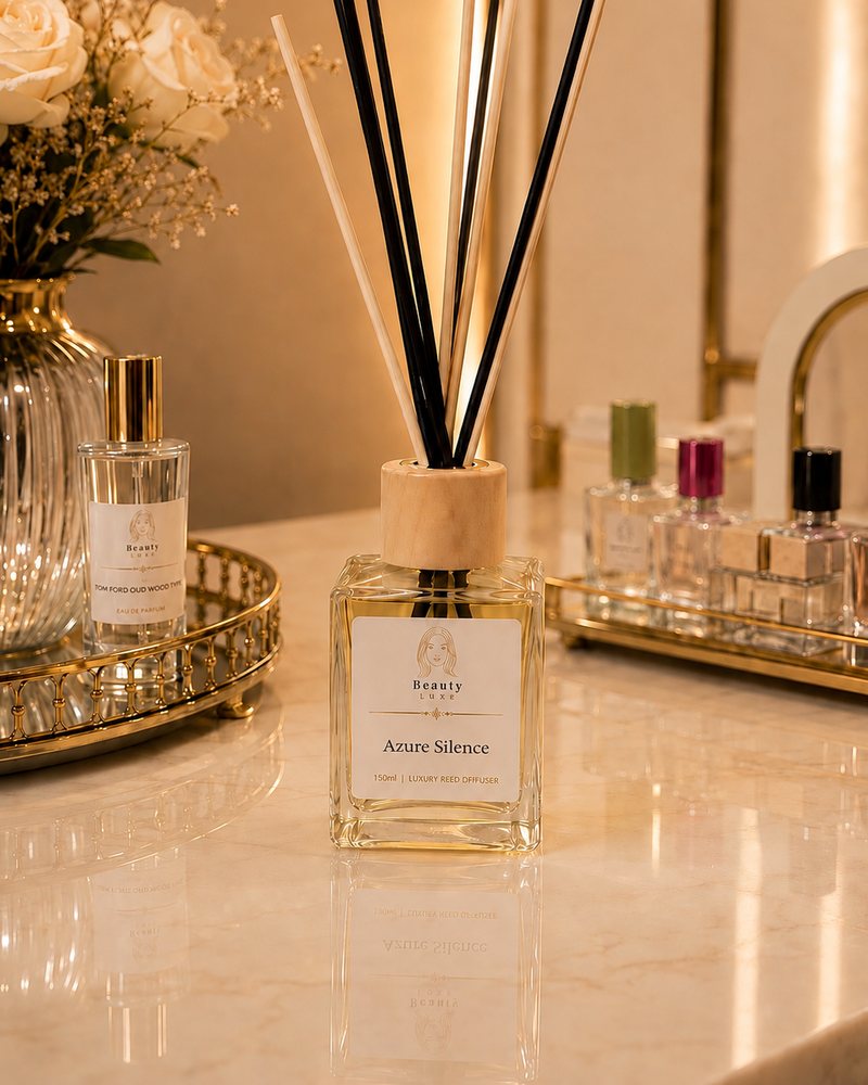 Beauty Luxe Azure Silence 150ml luxury reed diffuser in a clear glass vessel with a wooden cap.