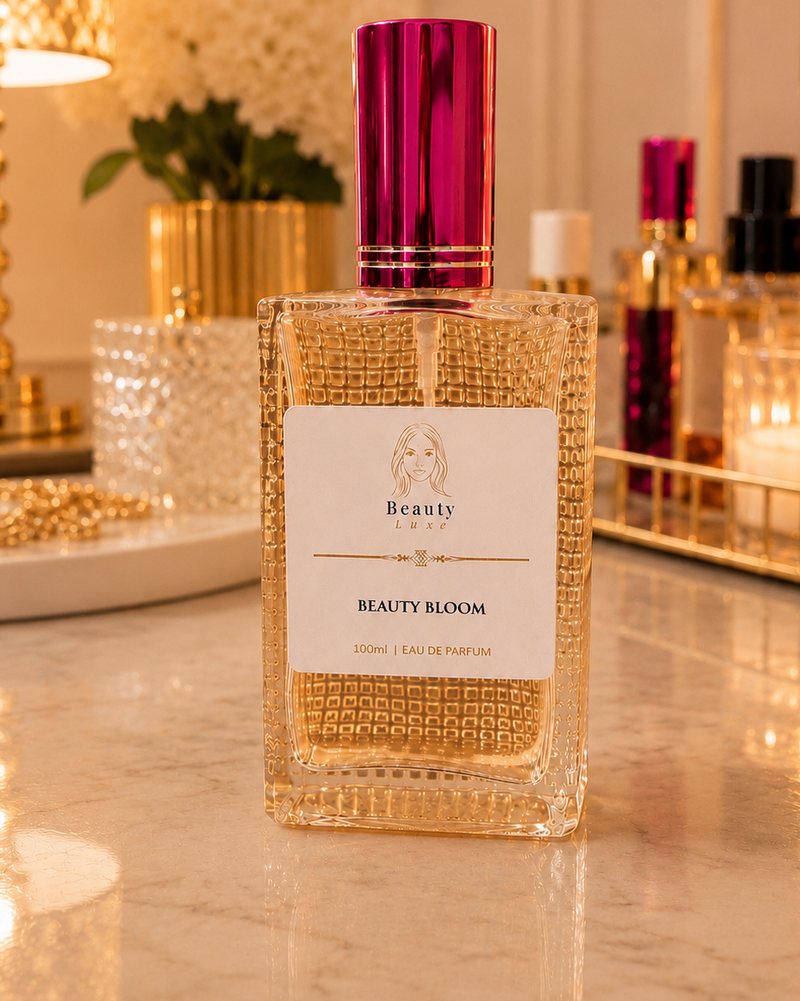 Beauty Luxe Beauty Bloom 100ml eau de parfum, a floral bottle with a magenta cap on marble.