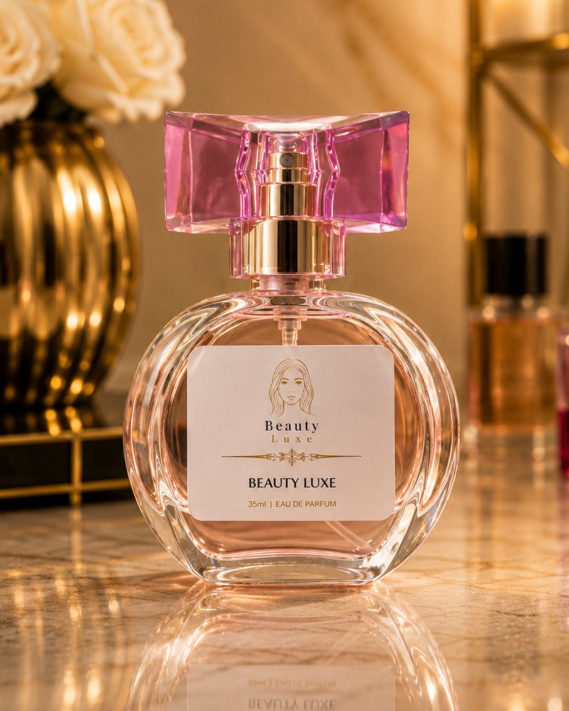 Beauty Luxe signature 35ml eau de parfum in a round glass bottle with a pink crystal cap.