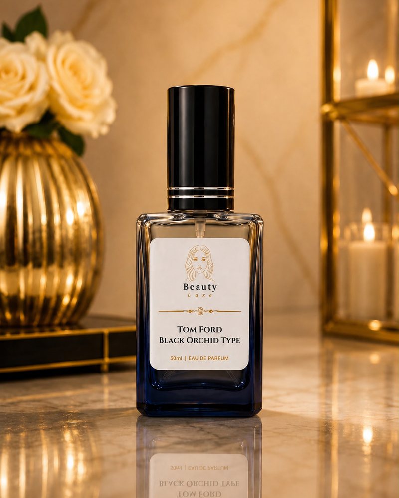 Beauty Luxe Tom Ford Black Orchid Type 50ml eau de parfum in a deep blue glass bottle with a black cap.