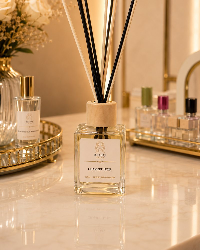 Beauty Luxe Chambre Noir 150ml luxury reed diffuser in a black vessel with mixed reeds.