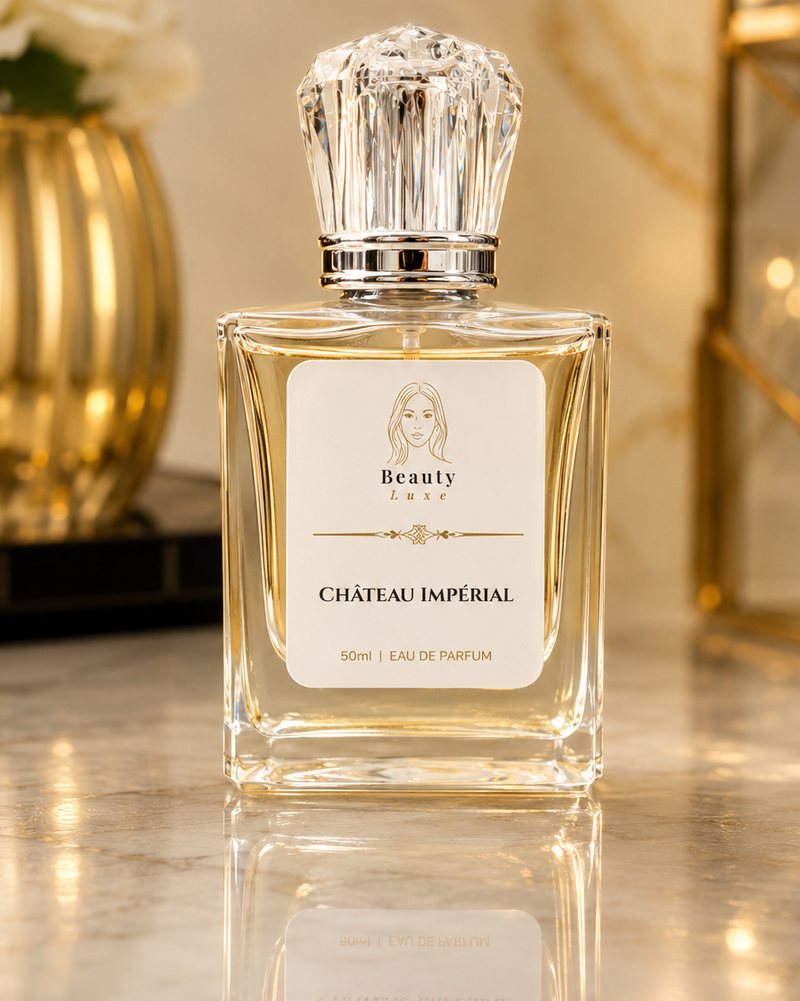 Beauty Luxe Château Impérial 50ml eau de parfum in a square glass bottle with a crystal cap.