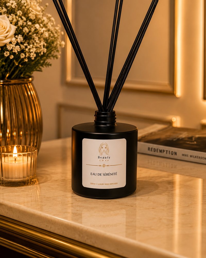Beauty Luxe Eau de Sérénité 200ml luxury reed diffuser in a matte black vessel with black reeds.