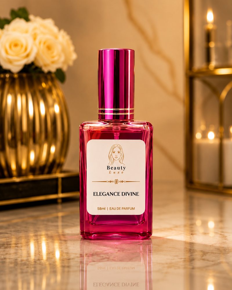 Beauty Luxe Elegance Divine 58ml eau de parfum in a magenta glass bottle with a gold-banded cap.