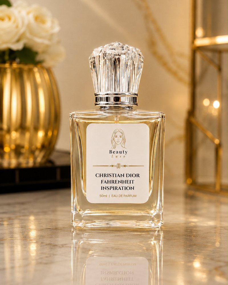 Beauty Luxe Christian Dior Fahrenheit Inspiration 50ml eau de parfum in a glass bottle with a crystal cap.