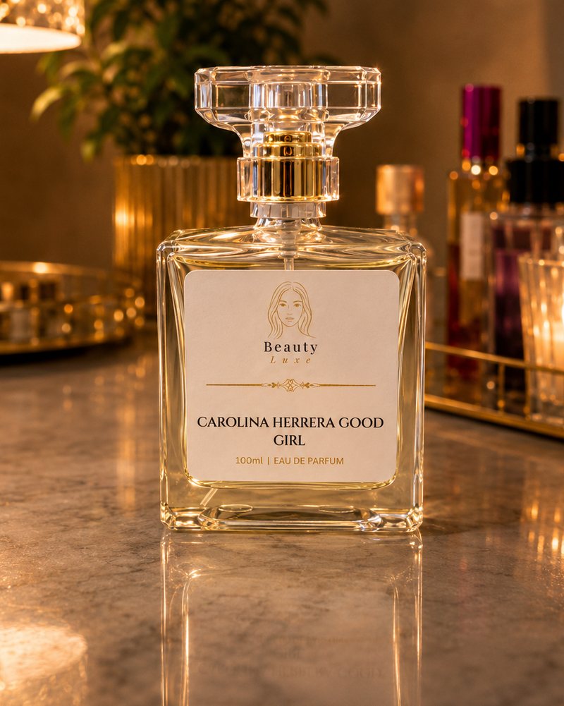 Beauty Luxe Good Girl Type 100ml eau de parfum in a crystal high-heel-capped glass bottle.