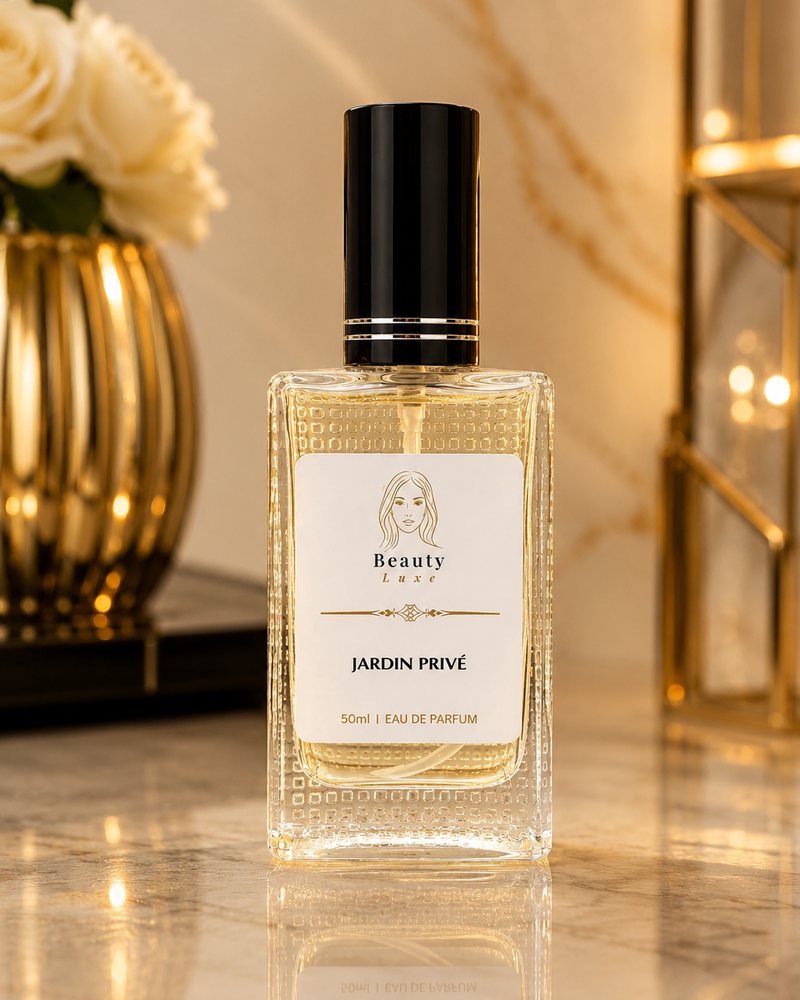 Beauty Luxe Jardin Privé 50ml eau de parfum in a tall textured bottle with a black cap.