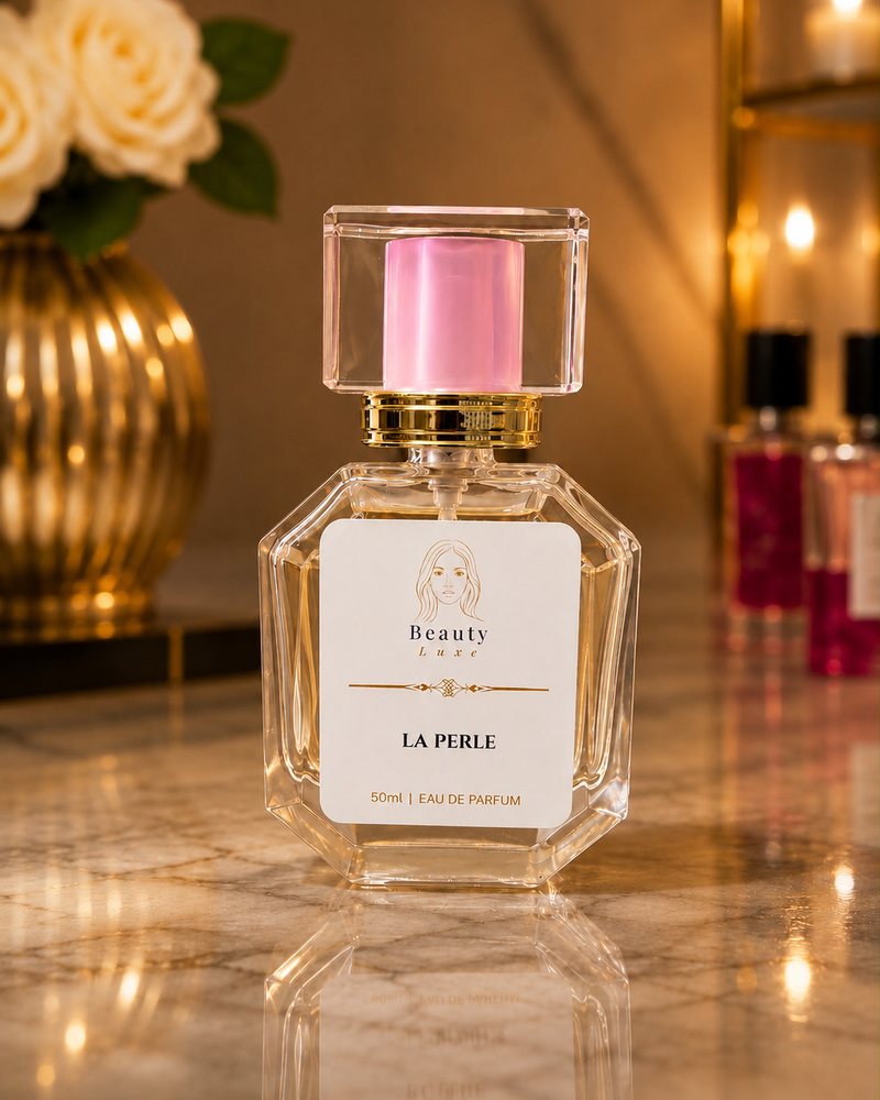 Beauty Luxe La Perle 50ml eau de parfum in a faceted glass bottle with a pink and gold cap.