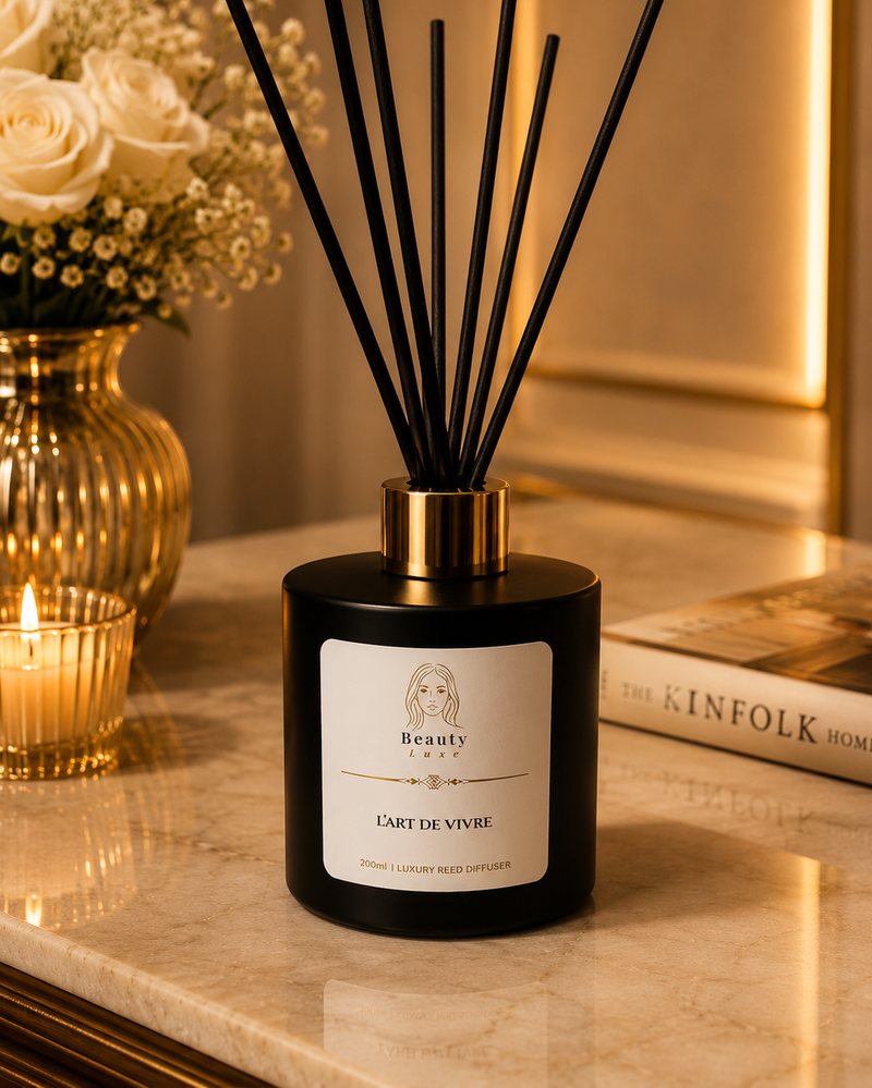 Beauty Luxe L'Art de Vivre 200ml luxury reed diffuser in a matte black vessel with a gold collar.