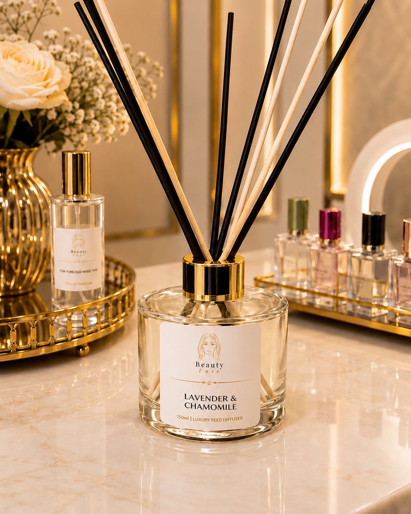Beauty Luxe Lavender & Chamomile 150ml luxury reed diffuser in a clear glass vessel with a black and gold collar.