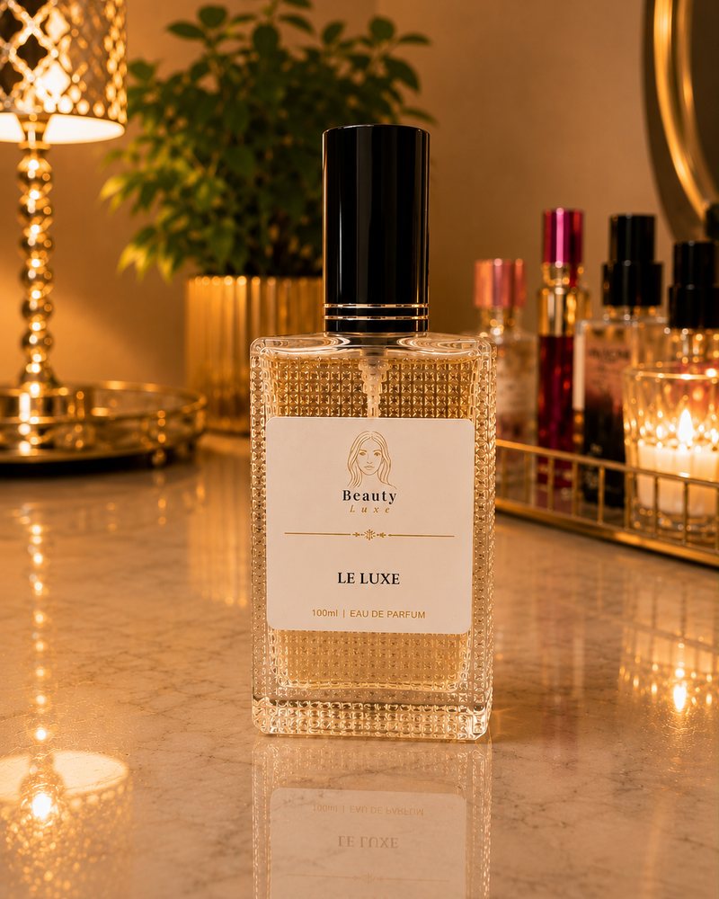Beauty Luxe Le Luxe 100ml eau de parfum in a textured glass bottle with a black and gold cap.
