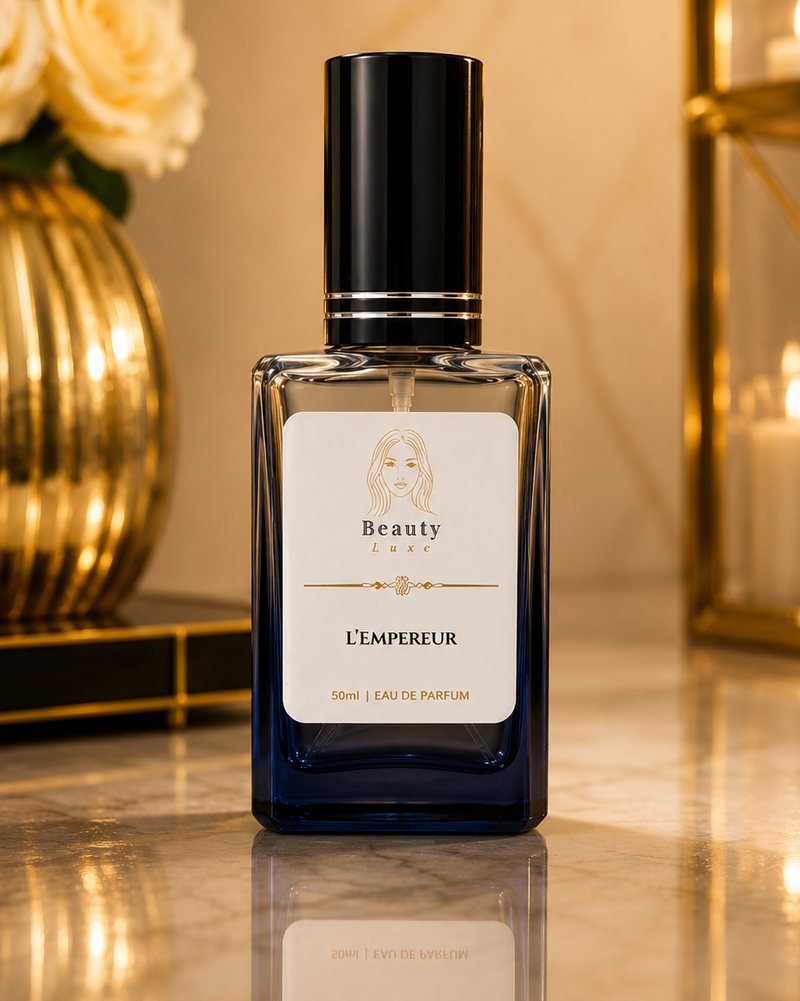 Beauty Luxe L'Empereur 50ml eau de parfum in a deep blue glass bottle with a black cap.