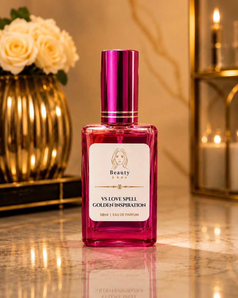 Beauty Luxe VS Love Spell Golden Inspiration 58ml eau de parfum in a magenta glass bottle with a magenta cap.