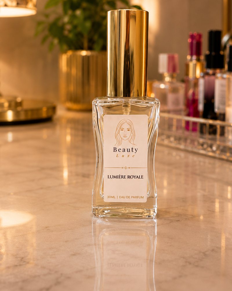 Beauty Luxe Lumière Royale 30ml eau de parfum in a clear glass bottle with a gold cap.