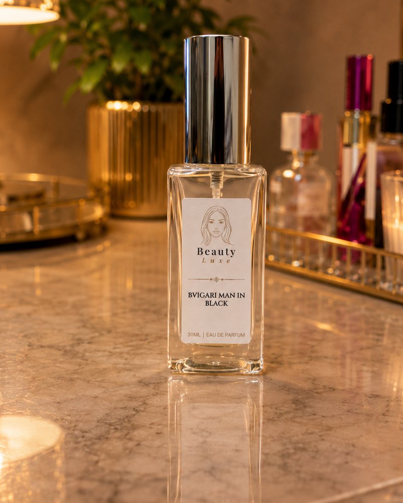Beauty Luxe Man In Black Type 30ml eau de parfum in a clear glass bottle with a silver cap.