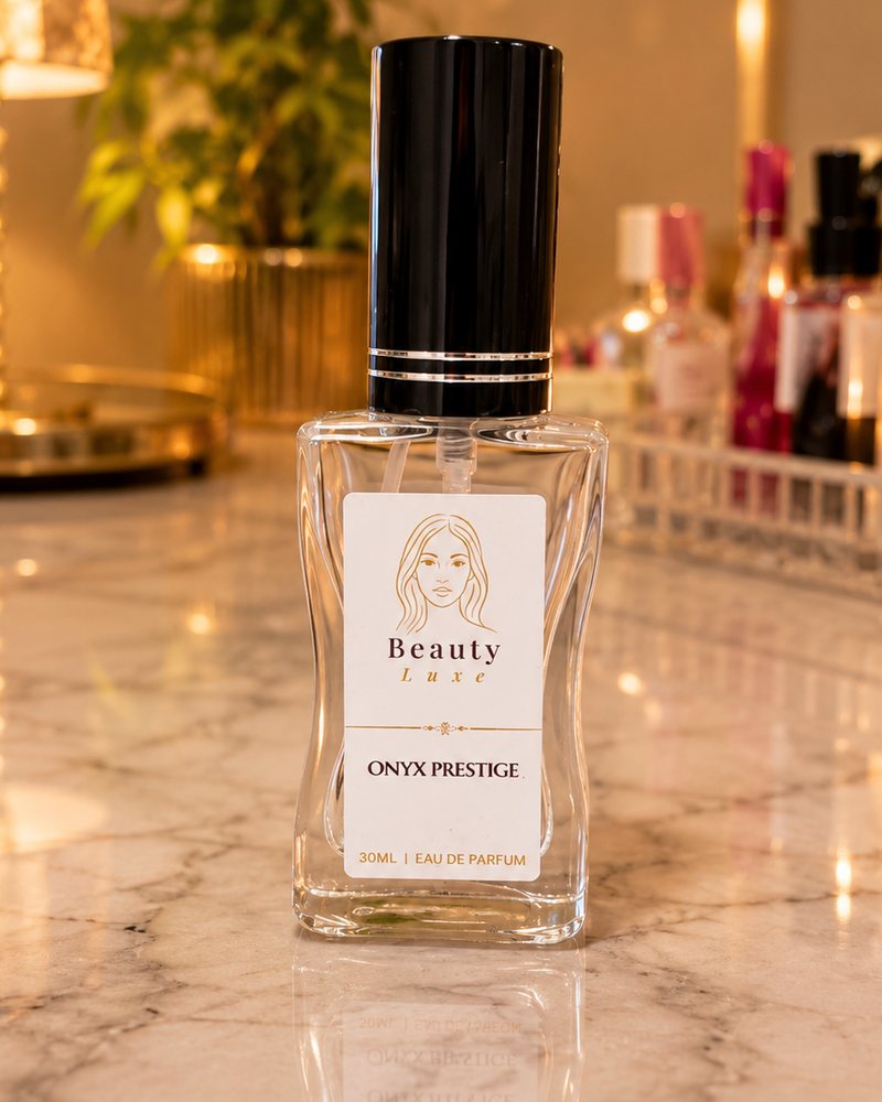 Beauty Luxe Onyx Prestige 30ml eau de parfum in a faceted glass bottle with a black cap.