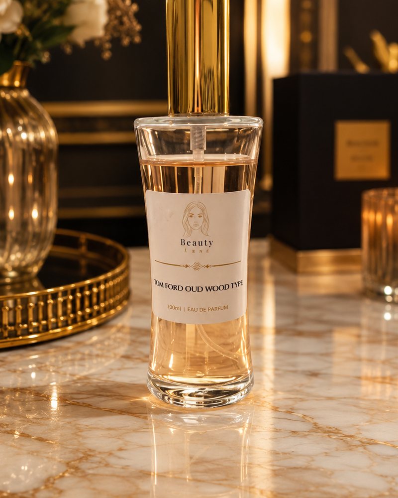 Beauty Luxe Oud Wood Type 100ml eau de parfum in a tapered glass bottle with a gold cap.