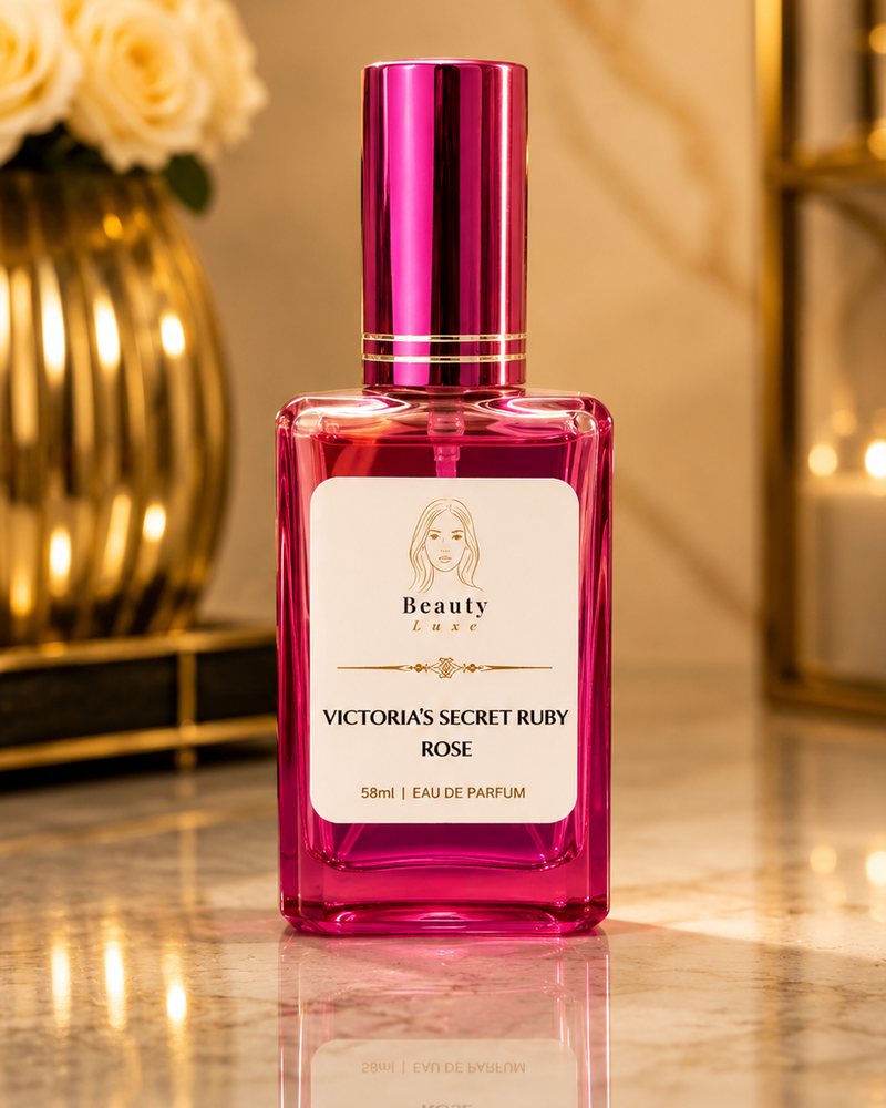 Beauty Luxe Ruby Rose Type 58ml eau de parfum in a pink glass bottle with a pink cap.