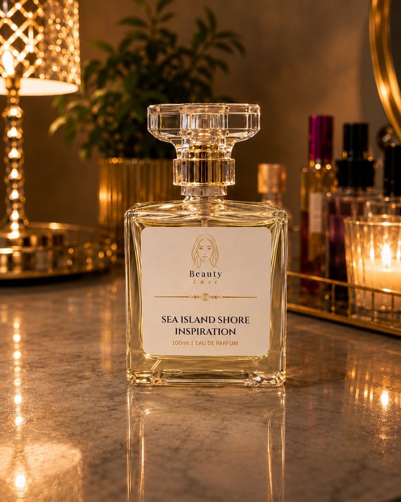 Beauty Luxe Sea Island Shore Inspiration 100ml eau de parfum in a glass bottle with a crystal cap.