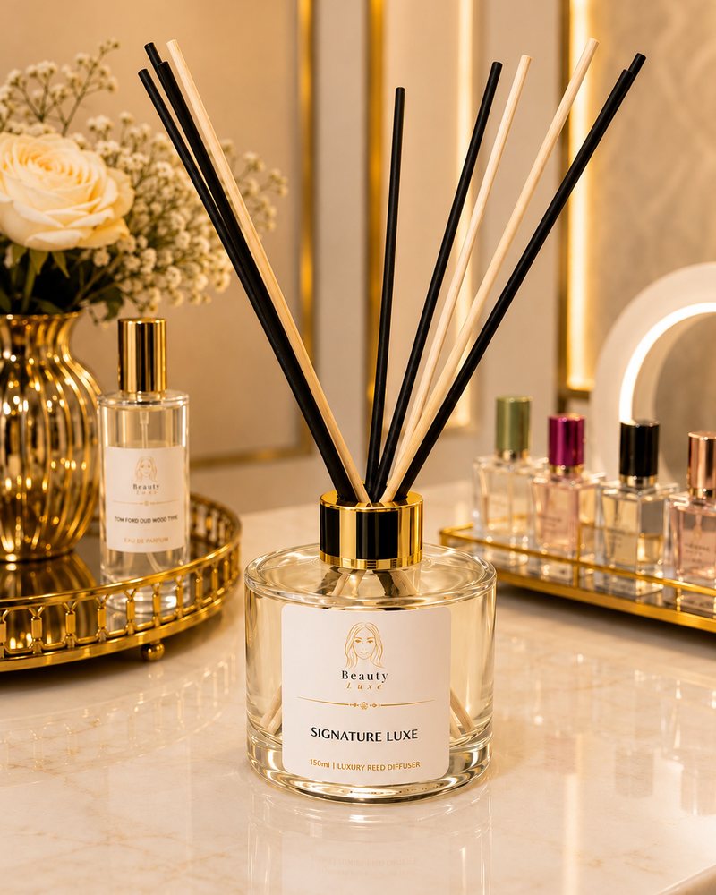Beauty Luxe Signature Luxe 150ml luxury reed diffuser with black and natural reeds.