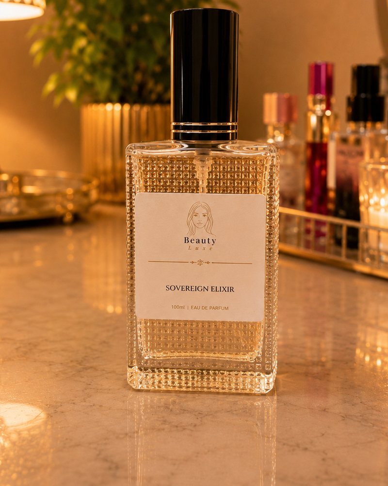Beauty Luxe Sovereign Elixir 100ml eau de parfum in a textured glass bottle with a black cap.