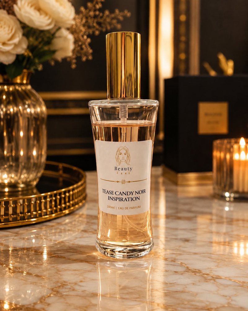 Beauty Luxe Tease Candy Noir Inspiration 100ml eau de parfum in a tall glass bottle with a gold cap.