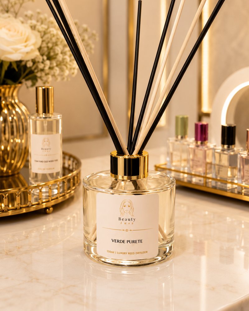 Beauty Luxe Verde Pureté 150ml luxury reed diffuser in a clear glass vessel with a black and gold collar.