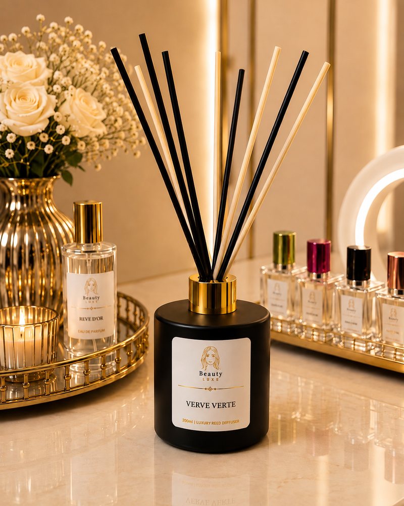 Beauty Luxe Verve Verte 200ml luxury reed diffuser in a matte black vessel with a gold collar.
