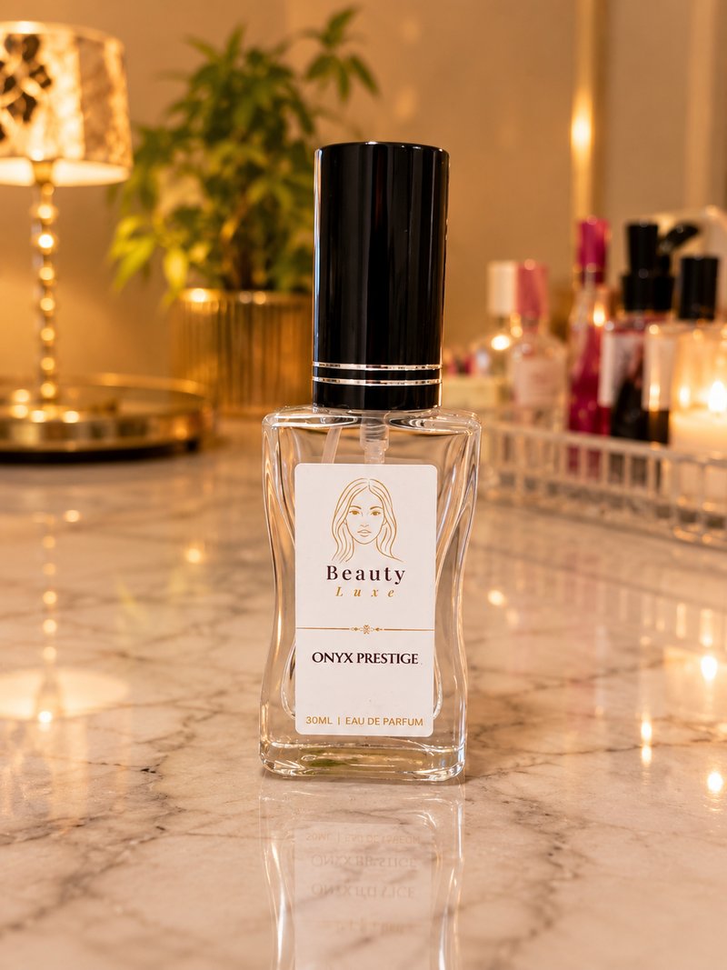 A Beauty Luxe perfume bottle with a black cap on marble, beside candlelight and a gold tray of fragrances.