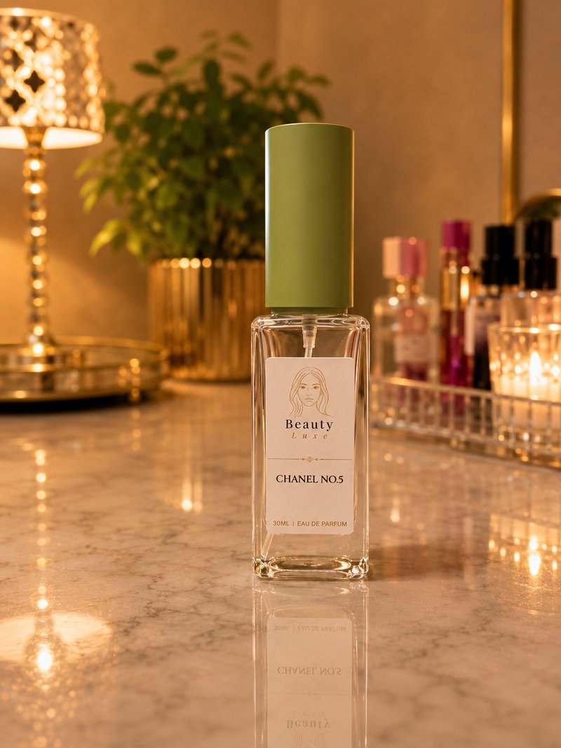 A Beauty Luxe perfume bottle with a sage green cap on marble, beside a gold lamp and blurred perfume bottles.