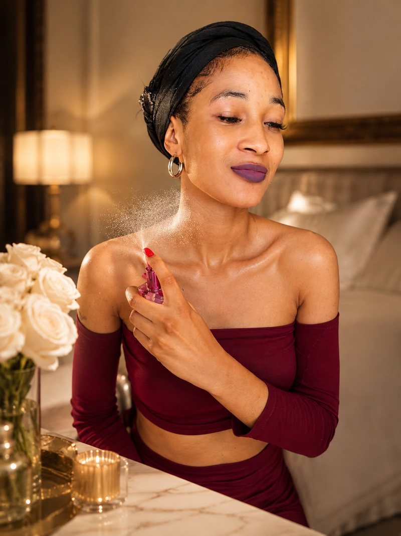 A woman in a maroon top spritzing Beauty Luxe fragrance onto her collarbone in a softly lit bedroom.